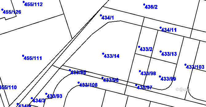 Parcela st. 433/14 v KÚ Roudné, Katastrální mapa