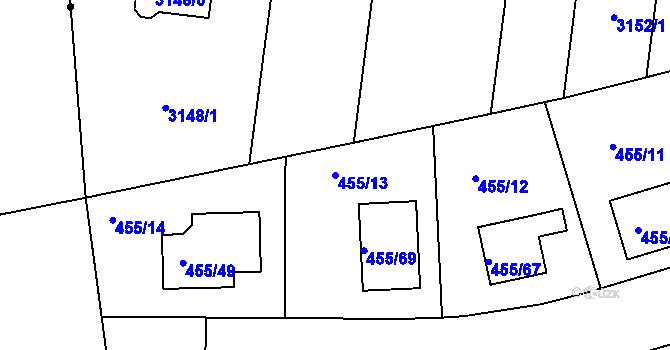 Parcela st. 455/13 v KÚ Roudné, Katastrální mapa