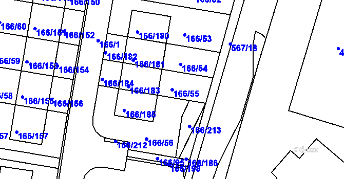 Parcela st. 166/55 v KÚ Vidov, Katastrální mapa