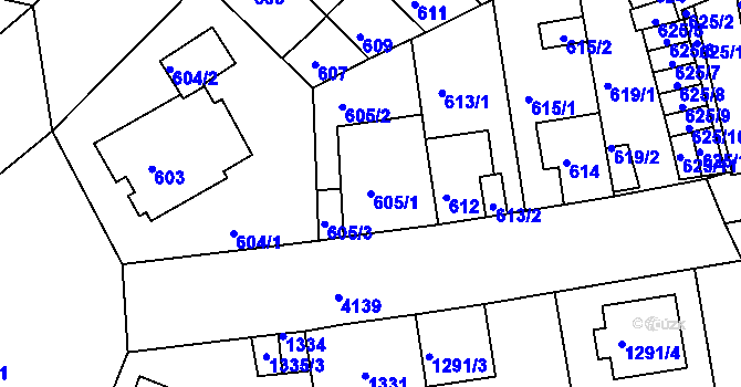 Parcela st. 605/1 v KÚ Roudnice nad Labem, Katastrální mapa