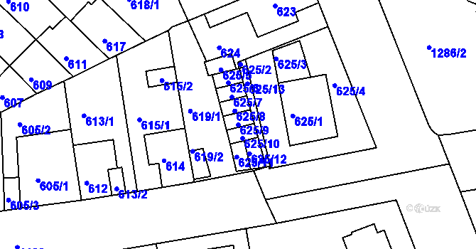 Parcela st. 625/9 v KÚ Roudnice nad Labem, Katastrální mapa