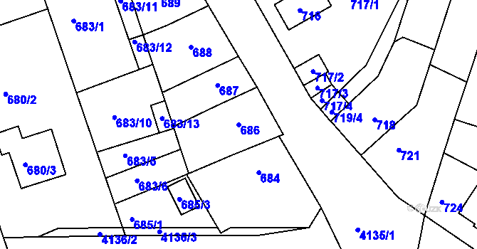 Parcela st. 686 v KÚ Roudnice nad Labem, Katastrální mapa
