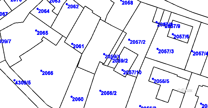 Parcela st. 2059/1 v KÚ Roudnice nad Labem, Katastrální mapa