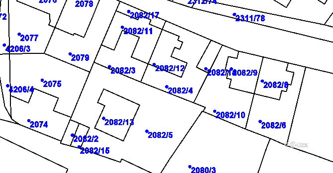 Parcela st. 2082/4 v KÚ Roudnice nad Labem, Katastrální mapa
