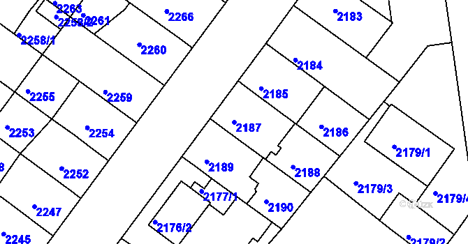 Parcela st. 2187 v KÚ Roudnice nad Labem, Katastrální mapa