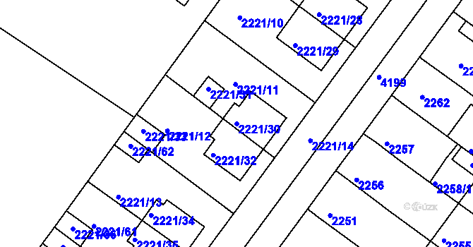 Parcela st. 2221/30 v KÚ Roudnice nad Labem, Katastrální mapa