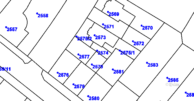 Parcela st. 2574 v KÚ Roudnice nad Labem, Katastrální mapa