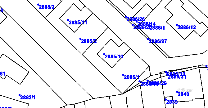 Parcela st. 2885/10 v KÚ Roudnice nad Labem, Katastrální mapa