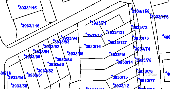 Parcela st. 3933/16 v KÚ Roudnice nad Labem, Katastrální mapa