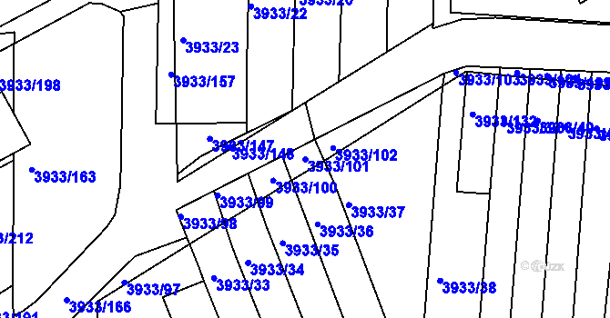 Parcela st. 3933/101 v KÚ Roudnice nad Labem, Katastrální mapa