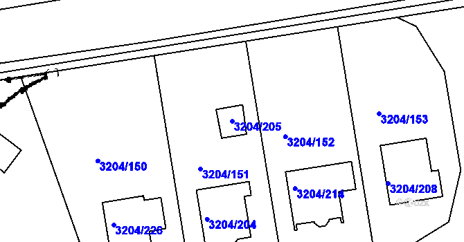 Parcela st. 3204/205 v KÚ Roudnice nad Labem, Katastrální mapa