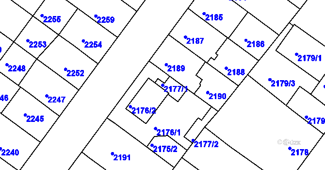 Parcela st. 2177/1 v KÚ Roudnice nad Labem, Katastrální mapa