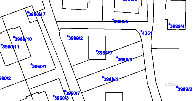 Parcela st. 3988/9 v KÚ Roudnice nad Labem, Katastrální mapa
