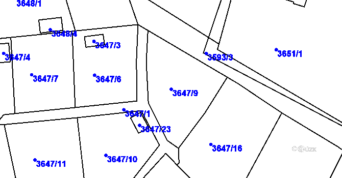 Parcela st. 3647/9 v KÚ Roudnice nad Labem, Katastrální mapa