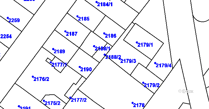 Parcela st. 2188/2 v KÚ Roudnice nad Labem, Katastrální mapa