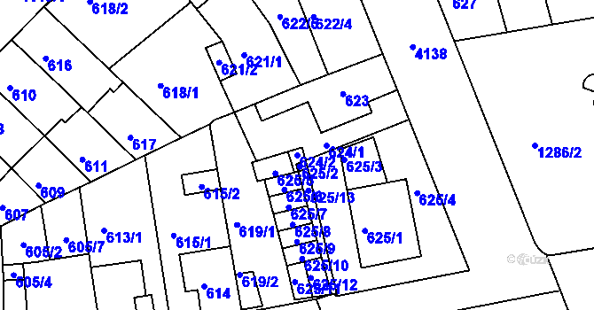 Parcela st. 624/2 v KÚ Roudnice nad Labem, Katastrální mapa