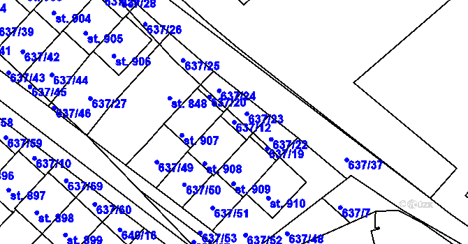 Parcela st. 637/12 v KÚ Podlusky, Katastrální mapa
