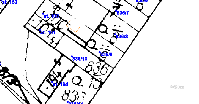 Parcela st. 836/9 v KÚ Podlusky, Katastrální mapa