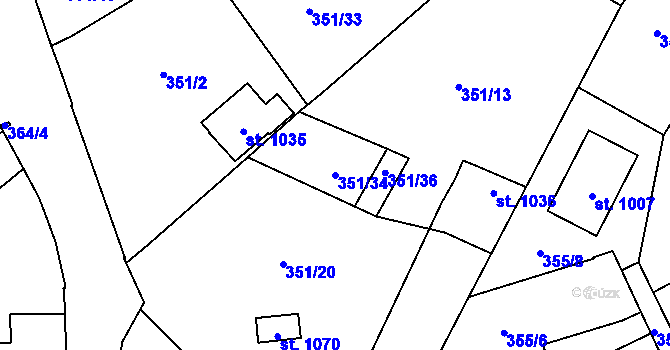 Parcela st. 351/34 v KÚ Podlusky, Katastrální mapa