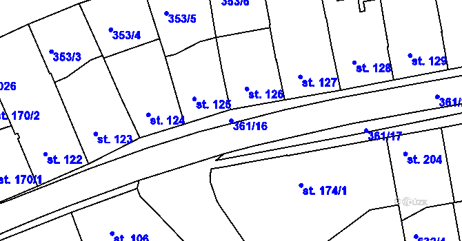 Parcela st. 361/16 v KÚ Podlusky, Katastrální mapa