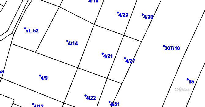 Parcela st. 4/21 v KÚ Roudníček, Katastrální mapa