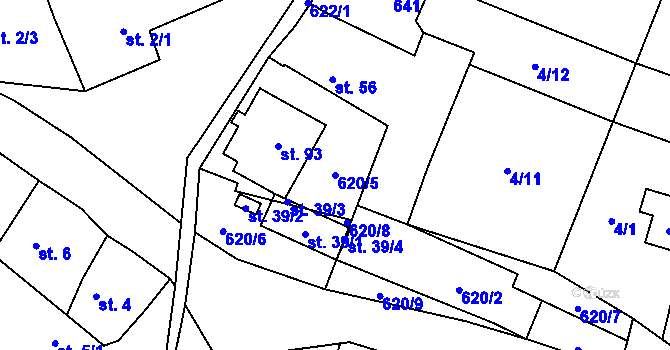 Parcela st. 620/5 v KÚ Roudníček, Katastrální mapa