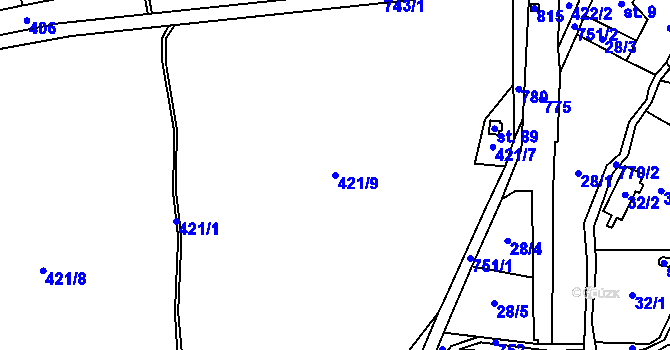 Parcela st. 421/9 v KÚ Vrbka u Roudníčku, Katastrální mapa