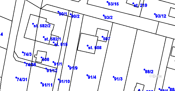 Parcela st. 608 v KÚ Roudnička, Katastrální mapa