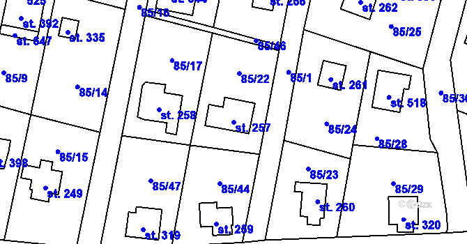 Parcela st. 257 v KÚ Roudnička, Katastrální mapa