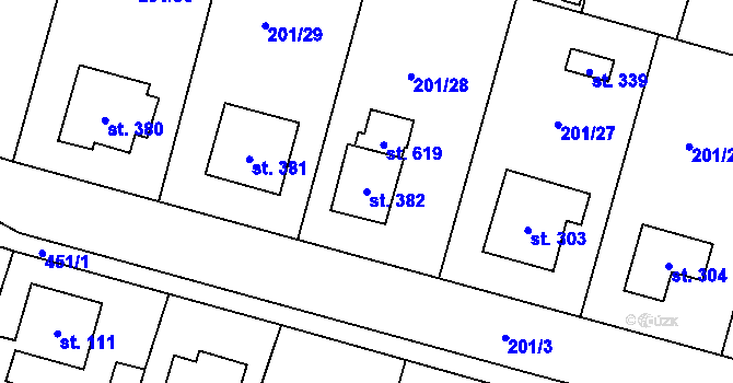 Parcela st. 382 v KÚ Roudnička, Katastrální mapa