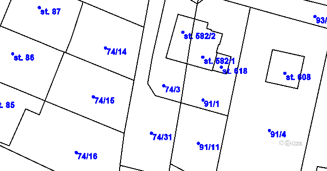 Parcela st. 74/3 v KÚ Roudnička, Katastrální mapa