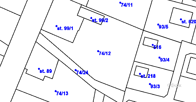 Parcela st. 74/12 v KÚ Roudnička, Katastrální mapa