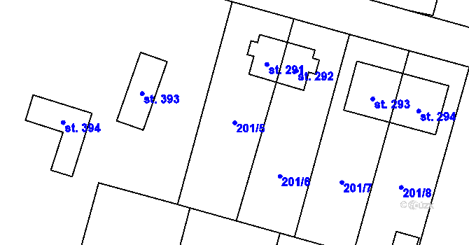 Parcela st. 201/5 v KÚ Roudnička, Katastrální mapa