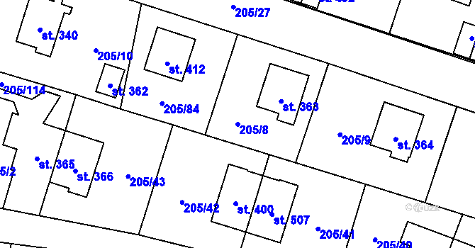 Parcela st. 205/8 v KÚ Roudnička, Katastrální mapa