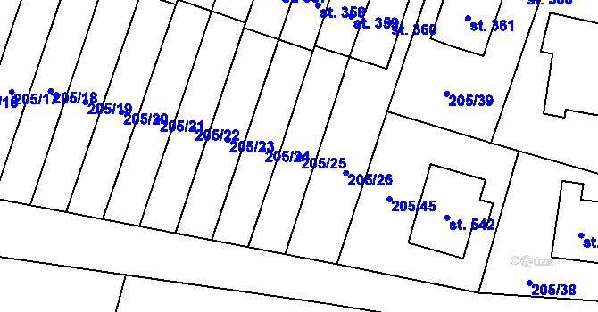 Parcela st. 205/25 v KÚ Roudnička, Katastrální mapa