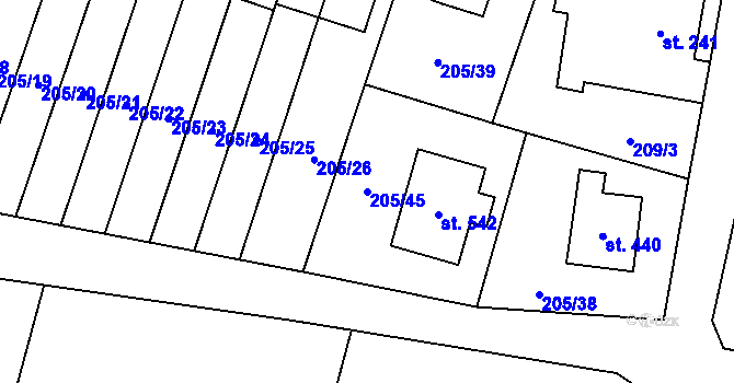 Parcela st. 205/45 v KÚ Roudnička, Katastrální mapa