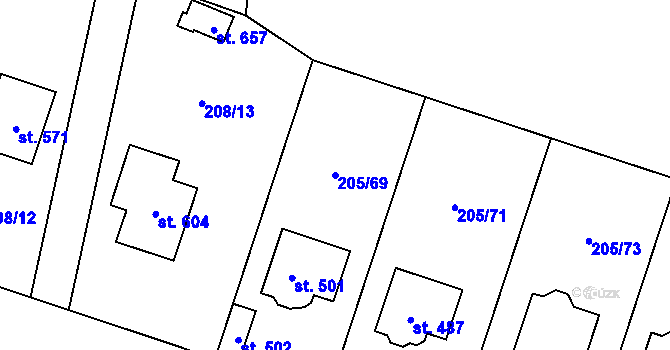 Parcela st. 205/69 v KÚ Roudnička, Katastrální mapa