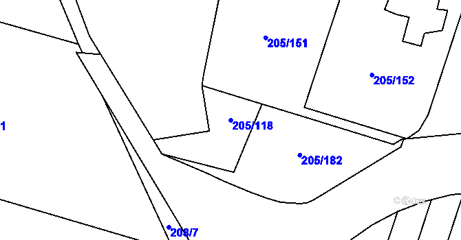 Parcela st. 205/118 v KÚ Roudnička, Katastrální mapa