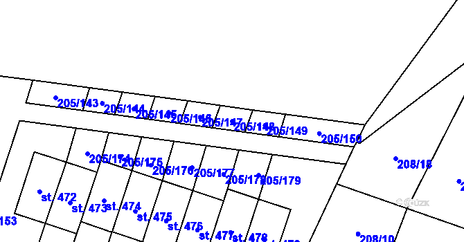Parcela st. 205/148 v KÚ Roudnička, Katastrální mapa