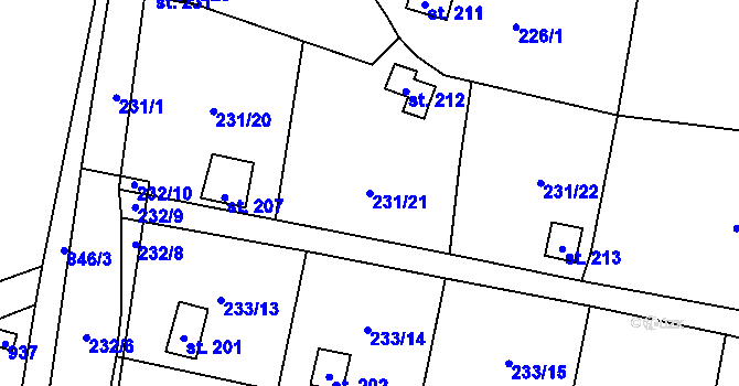 Parcela st. 231/21 v KÚ Roudníky, Katastrální mapa
