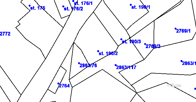Parcela st. 190/2 v KÚ Roudno, Katastrální mapa
