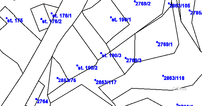 Parcela st. 190/3 v KÚ Roudno, Katastrální mapa
