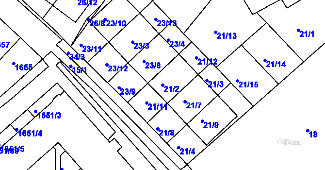 Parcela st. 21/2 v KÚ Rousínov u Vyškova, Katastrální mapa