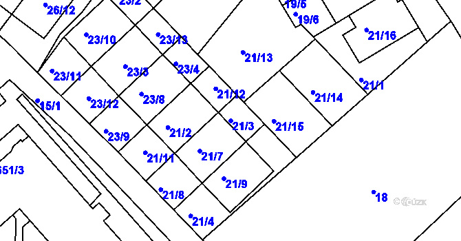 Parcela st. 21/3 v KÚ Rousínov u Vyškova, Katastrální mapa