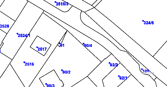 Parcela st. 90/4 v KÚ Rousínov u Vyškova, Katastrální mapa