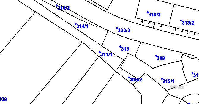 Parcela st. 311/1 v KÚ Rousínov u Vyškova, Katastrální mapa