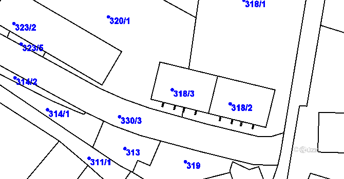 Parcela st. 318/3 v KÚ Rousínov u Vyškova, Katastrální mapa