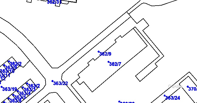 Parcela st. 362/9 v KÚ Rousínov u Vyškova, Katastrální mapa