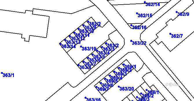 Parcela st. 363/4 v KÚ Rousínov u Vyškova, Katastrální mapa