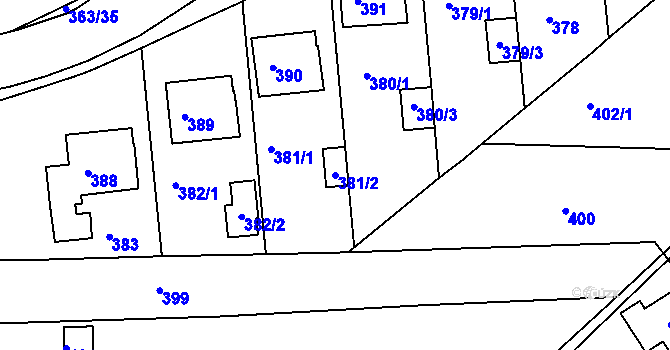 Parcela st. 381/2 v KÚ Rousínov u Vyškova, Katastrální mapa